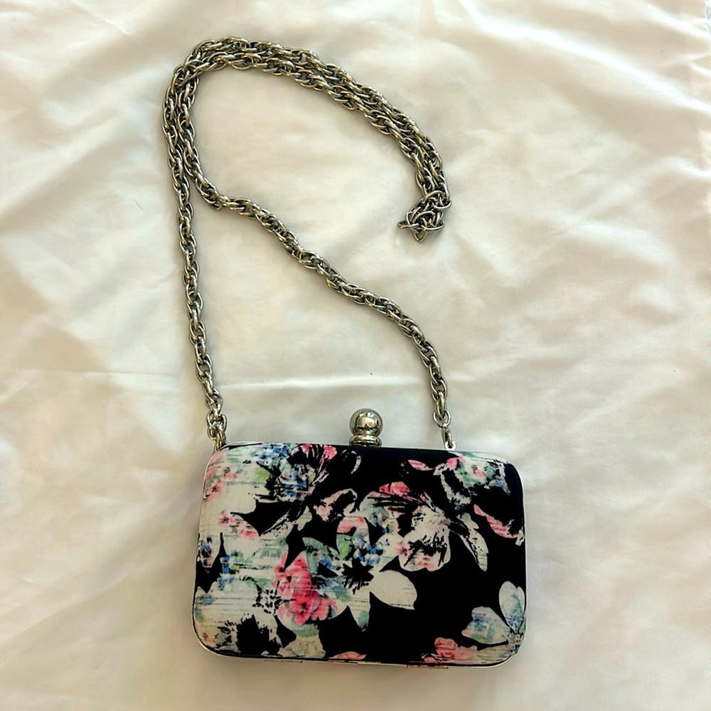 White House Black Market Purse Clutch Removable Strap Black Floral Print